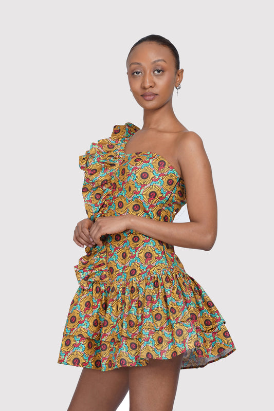 DRESS- ONE SHOULDER PRINTED MINI